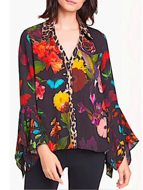 Alice + Olivia Black Floral & Butterfly Button-Up Blouse